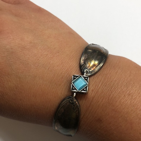 Upcycled silverware bracelet with blue tigers eye bead and magnetic clasp - Picture 1 of 4